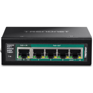 TRENDnet TI-B541 5-Port Gigabit PoE++ powered Switch, 4 Gigabit PoE+ ports, 1 Gigabit PoE++ input port, DIN-rail/wall mount